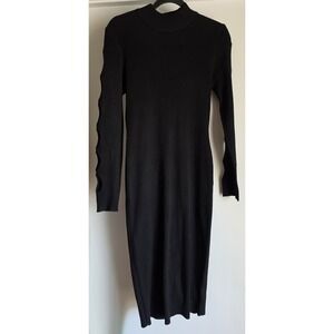 Brave Fame Black Mock Neck Ribbed Midi Dress Short Sleeve Bodycon Sheath